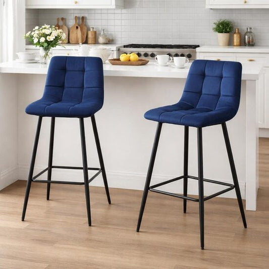 Set 2 scaune de bucatarie/bar, Arceto, catifea albastra, picioare metal negru, 43.5x32.5x104 cm