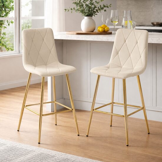 Set 2 scaune de bucatarie/bar, Artool, Libra, catifea bej deschis, picioare metal auriu, 52x56x112 cm