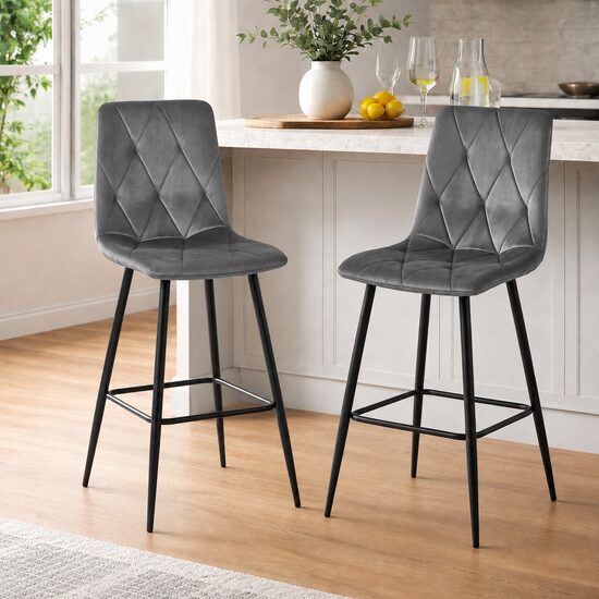 Set 2 scaune de bucatarie/bar, Artool, Libra, catifea gri inchis, picioare metal negru, 52x56x112 cm