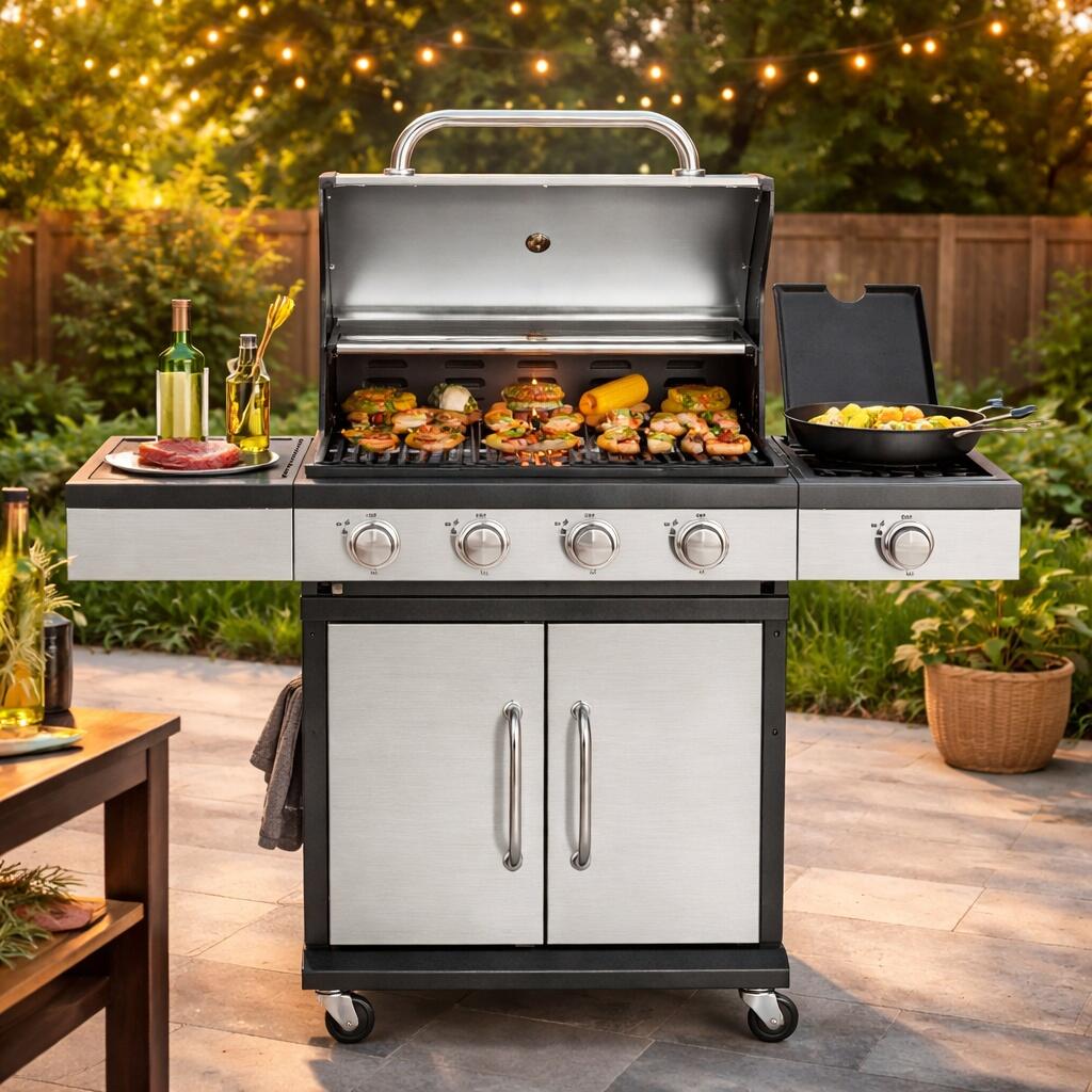 Gratar gradina, grill dreptunghiular, cu gaz, 4+1 arzatoare, cu roti, capac, 120x48x110 cm, BBQ Forbes