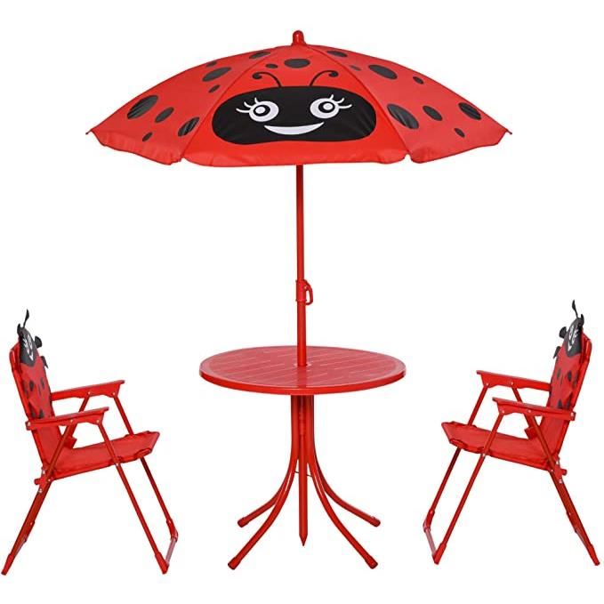 Set mobilier gradina/terasa pentru copii, pliabil, rosu, model buburuza, 1 masa cu umbrela, 2 scaune, Melisenda