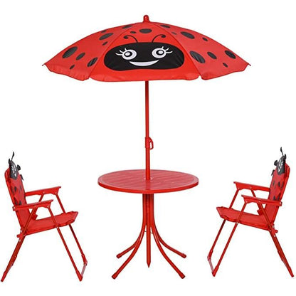 Set mobilier gradina/terasa pentru copii, pliabil, rosu, model buburuza, 1 masa cu umbrela, 2 scaune, Melisenda