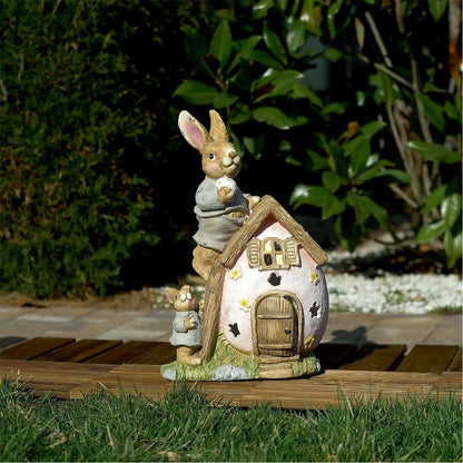 Decoratiune gradina, ceramica, LED, iepure cu casa, 31x22x48 cm