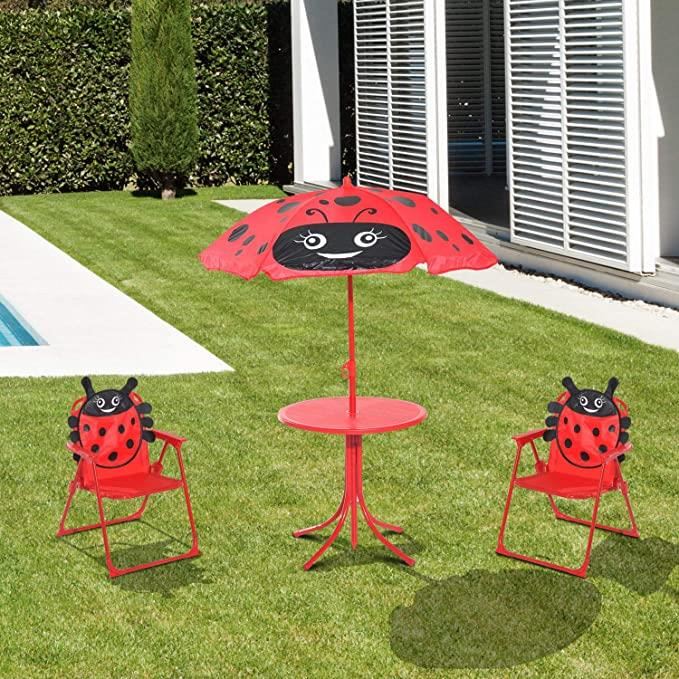 Set mobilier gradina/terasa pentru copii, pliabil, rosu, model buburuza, 1 masa cu umbrela, 2 scaune, Melisenda