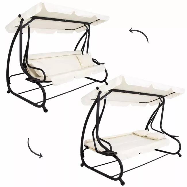 Balansoar gradina, Springos, 3 locuri, cu plasa insecte, crem, 220x120x160 cm, functie pat, max 280 kg