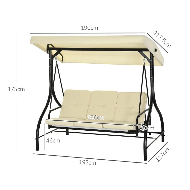 Balansoar gradina, 3 locuri, bej, 195x117x175 cm, functie pat, max 240 kg, Teko