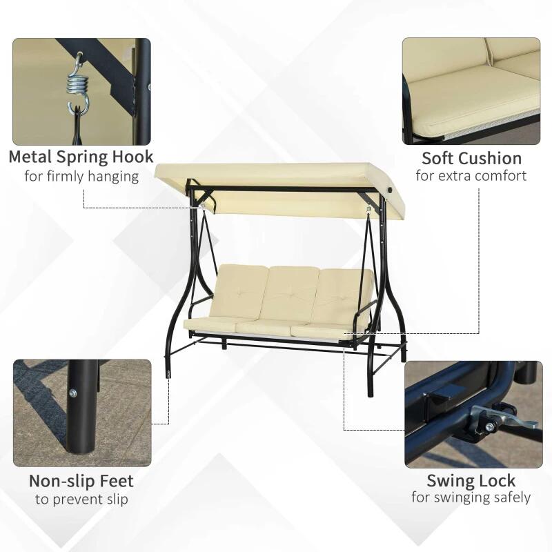 Balansoar gradina, 3 locuri, bej, 195x117x175 cm, functie pat, max 240 kg, Teko