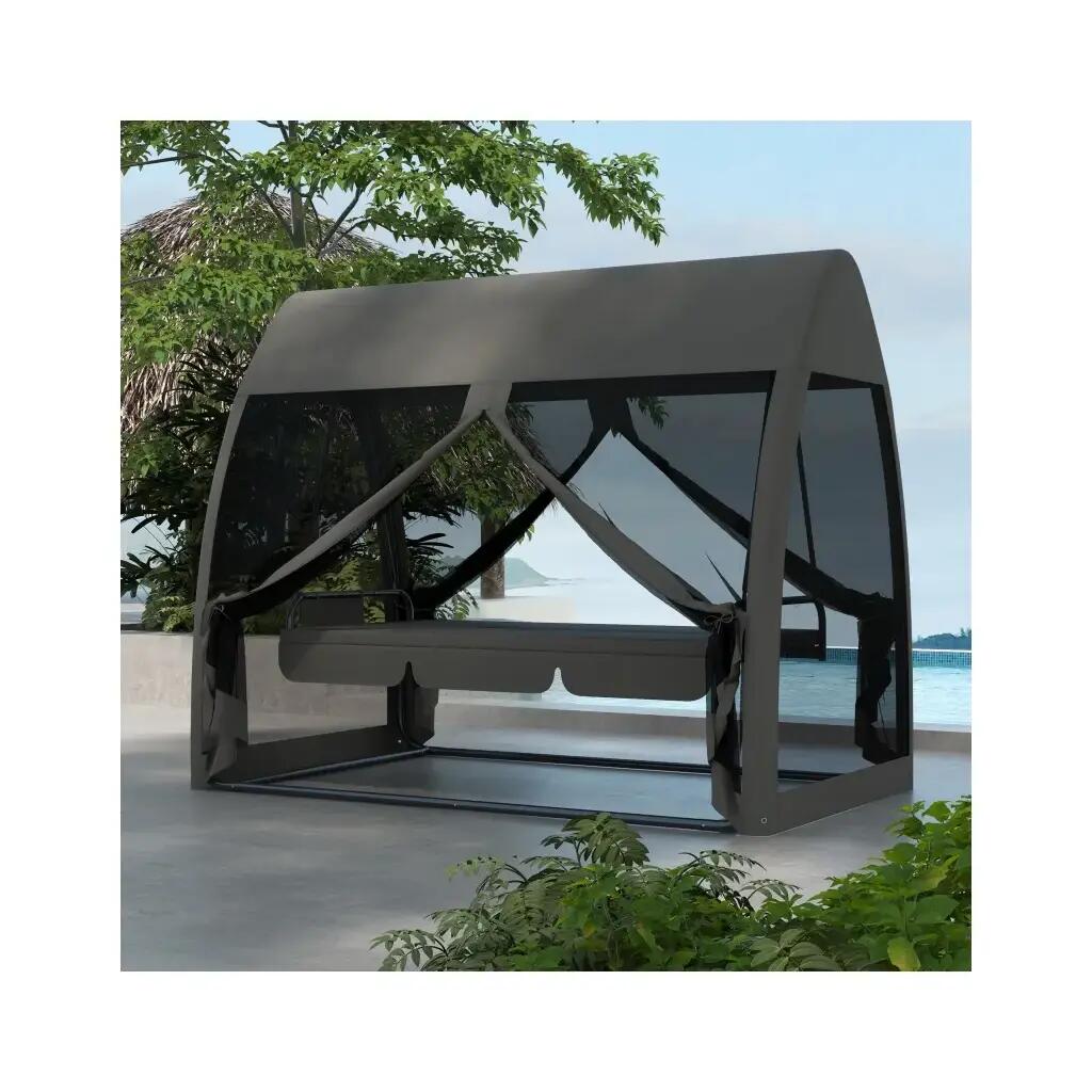 Balansoar gradina, 3 locuri, cu plasa insecte, gri inchis, 240x140x197 cm, functie pat, max 300 kg, Monte Carlo