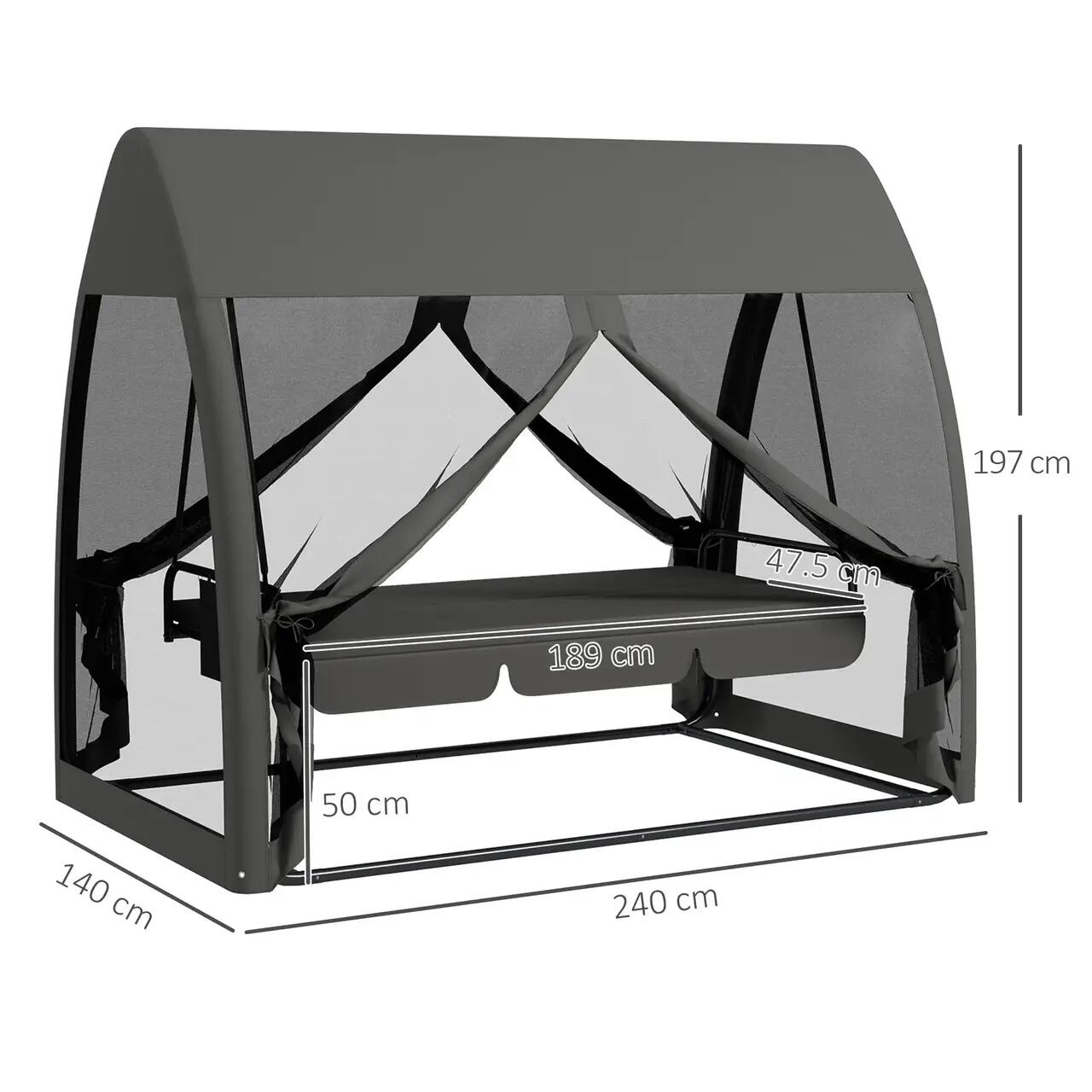 Balansoar gradina, 3 locuri, cu plasa insecte, gri inchis, 240x140x197 cm, functie pat, max 300 kg, Monte Carlo