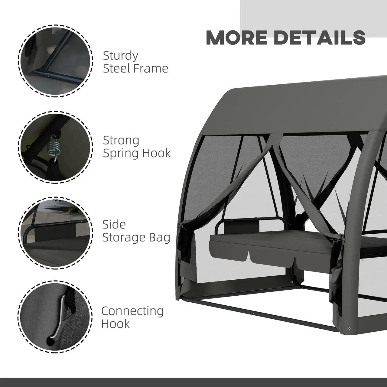 Balansoar gradina, 3 locuri, cu plasa insecte, gri inchis, 240x140x197 cm, functie pat, max 300 kg, Monte Carlo