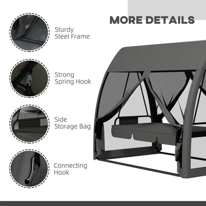 Balansoar gradina, 3 locuri, cu plasa insecte, gri inchis, 240x140x197 cm, functie pat, max 300 kg, Monte Carlo