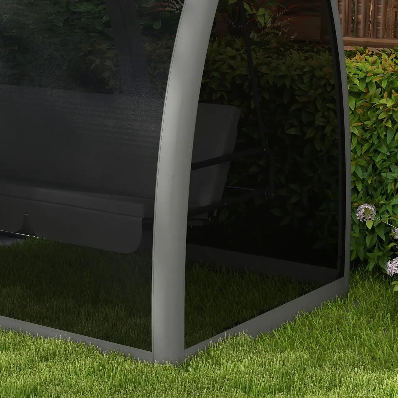 Balansoar gradina, 3 locuri, cu plasa insecte, gri inchis, 240x140x197 cm, functie pat, max 300 kg, Monte Carlo