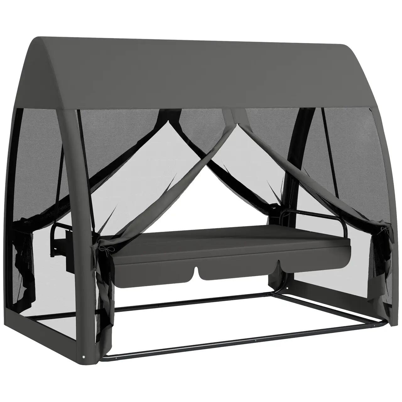 Balansoar gradina, 3 locuri, cu plasa insecte, gri inchis, 240x140x197 cm, functie pat, max 300 kg, Monte Carlo