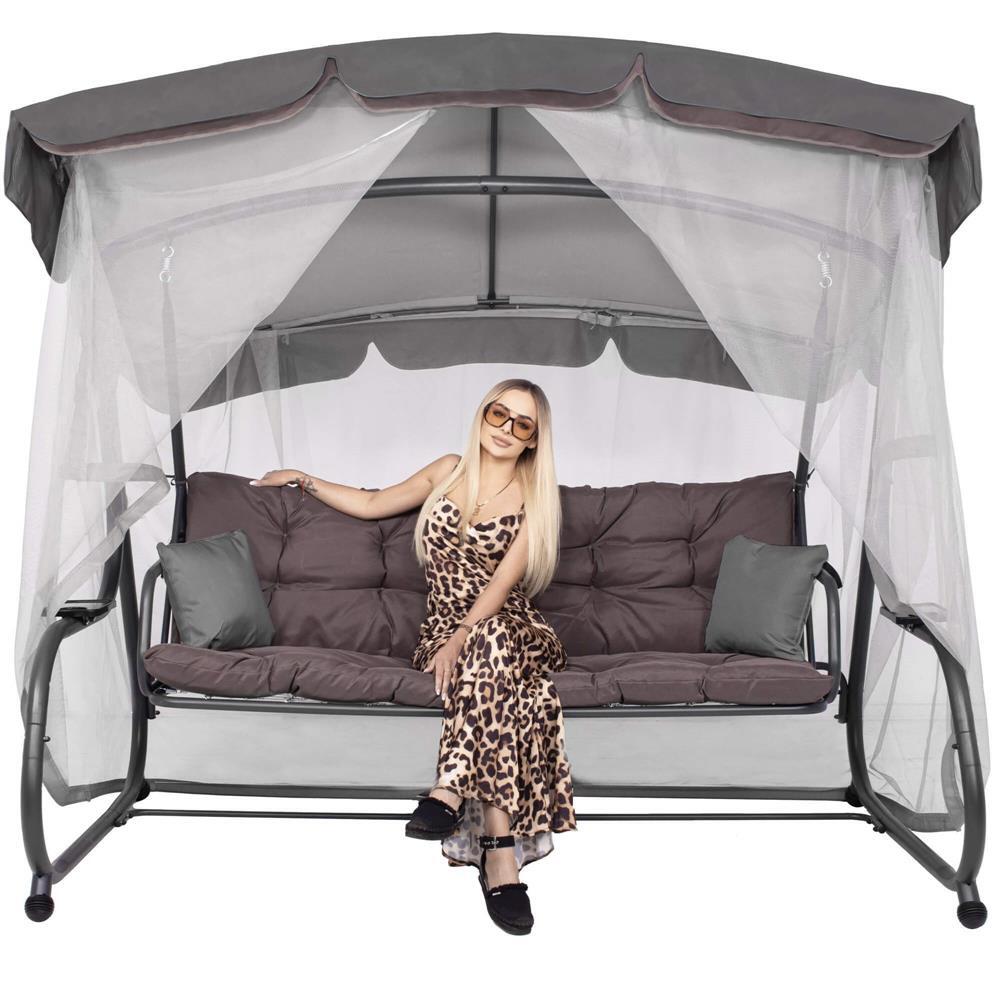 Balansoar gradina, Springos, 3 locuri, cu plasa insecte, gri si maro, 226x126x192 cm, functie pat, perne, max 260 kg, Diana