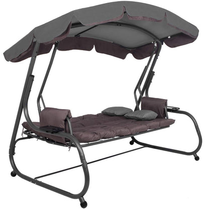Balansoar gradina, Springos, 3 locuri, cu plasa insecte, gri si maro, 226x126x192 cm, functie pat, perne, max 260 kg, Diana