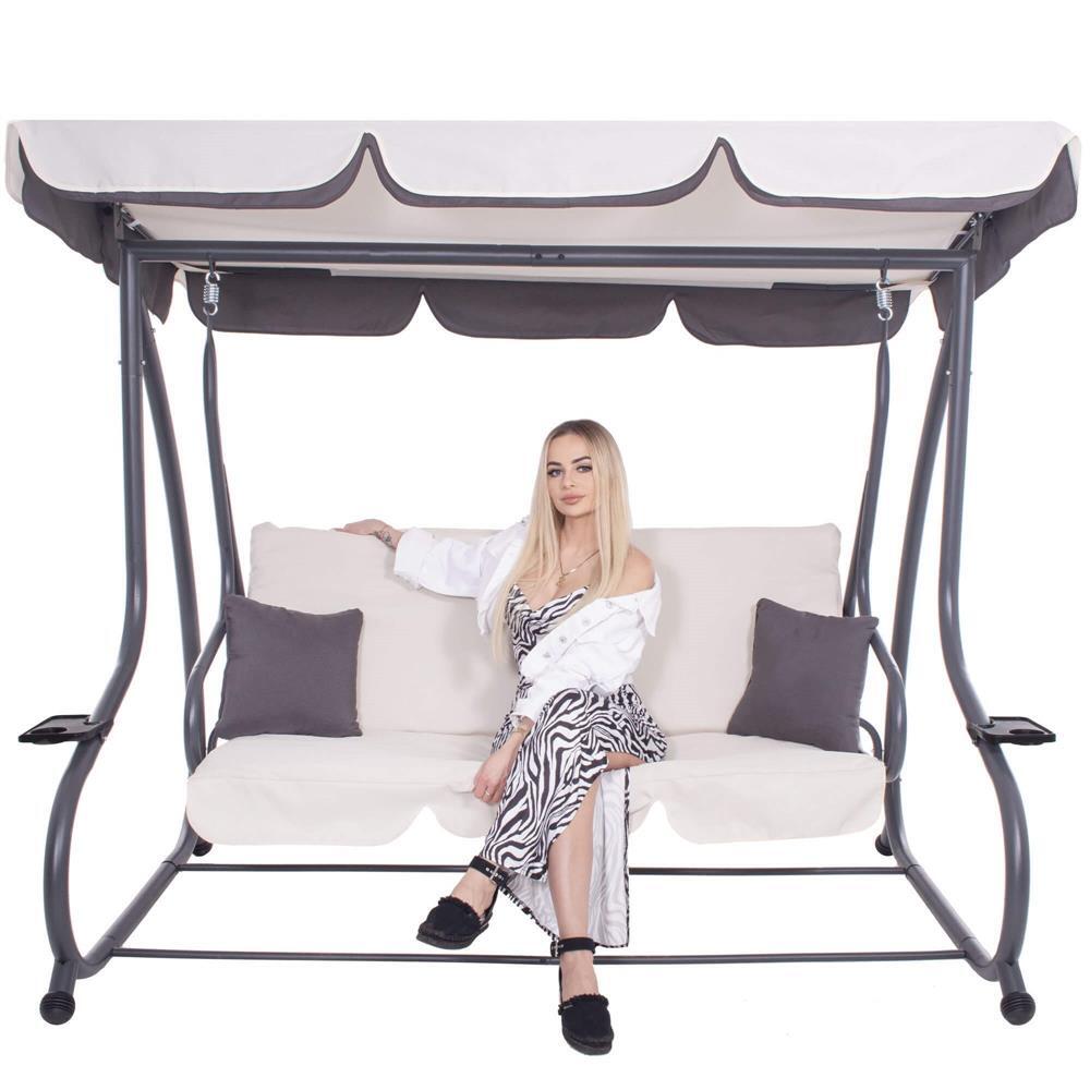 Balansoar gradina, Springos, 3 locuri, ecru si gri, 194x122x167-200 cm, functie pat, max 280 kg, Venetia