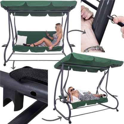 Balansoar gradina, Springos, 3 locuri, verde, 194x122x167-200 cm, functie pat, max 280 kg, Venetia