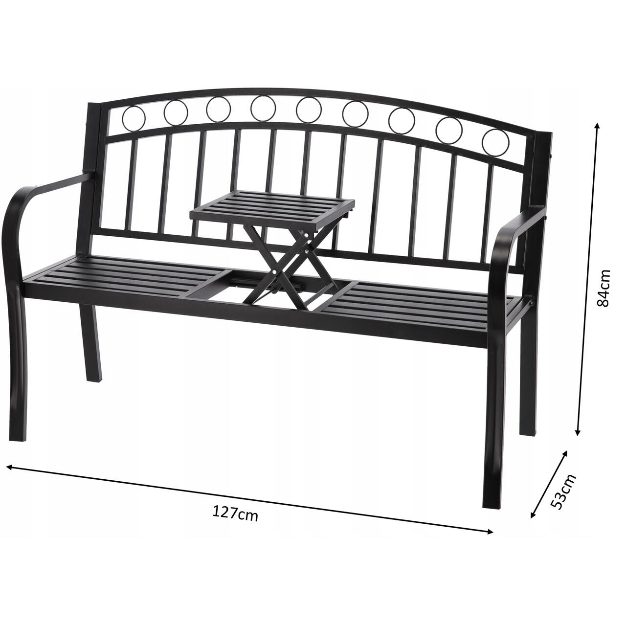 Banca de gradina, cu masuta extensibila, structura otel, negru, 127x53x84 cm, Sofia