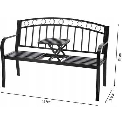 Banca de gradina, cu masuta extensibila, structura otel, negru, 127x53x84 cm, Sofia