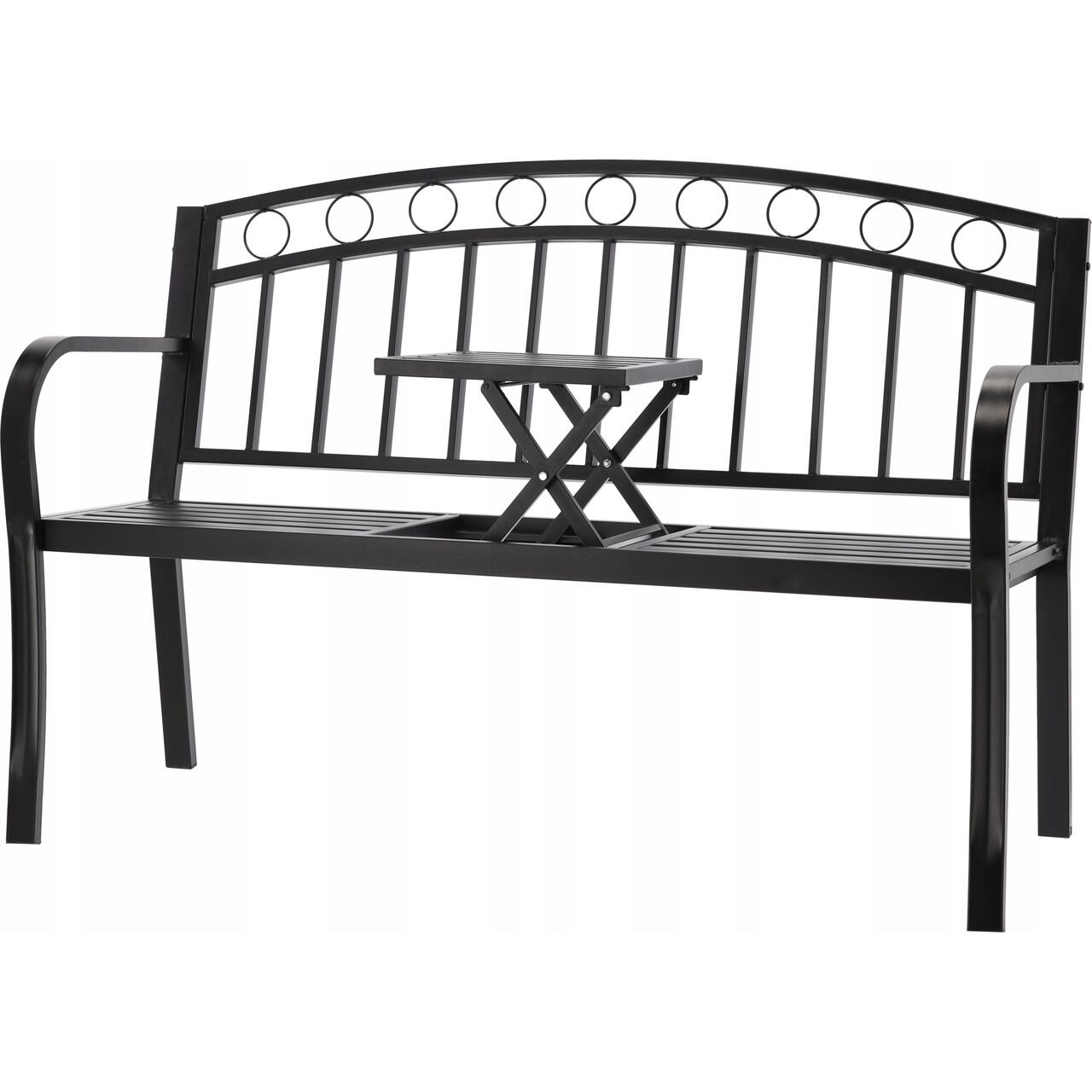 Banca de gradina, cu masuta extensibila, structura otel, negru, 127x53x84 cm, Sofia