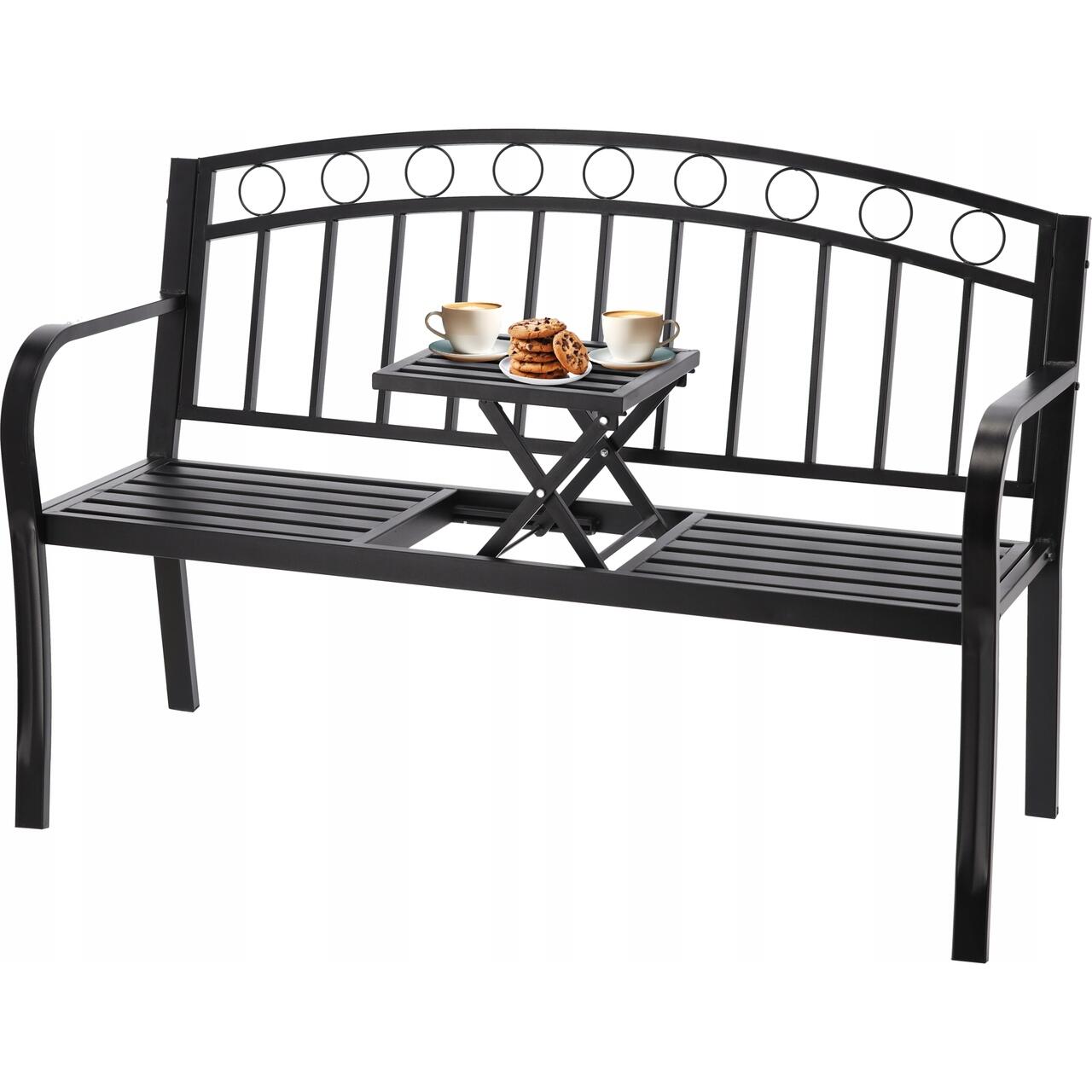 Banca de gradina, cu masuta extensibila, structura otel, negru, 127x53x84 cm, Sofia