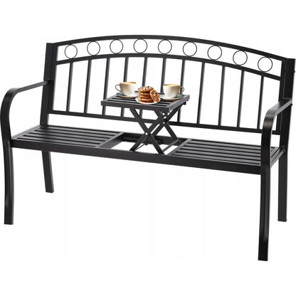 Banca de gradina, cu masuta extensibila, structura otel, negru, 127x53x84 cm, Sofia