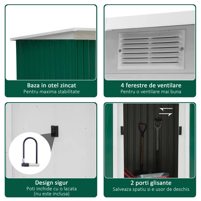 Casuta/magazie/sopron de gradina pentru depozitare unelte, otel, verde, 280x130x172 cm