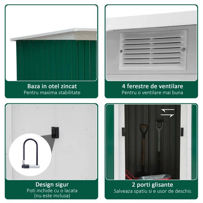Casuta/magazie/sopron de gradina pentru depozitare unelte, otel, verde, 280x130x172 cm