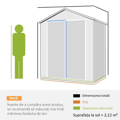 Casuta/magazie/sopron de gradina pentru depozitare unelte, aluminiu si PP, cu manusi, lacat si chei, gri, 183x134x210 cm
