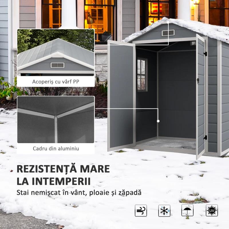 Casuta/magazie/sopron de gradina pentru depozitare unelte, aluminiu si PP, cu manusi, lacat si chei, gri, 183x134x210 cm