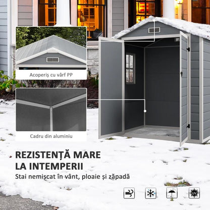 Casuta/magazie/sopron de gradina pentru depozitare unelte, aluminiu si PP, cu manusi, lacat si chei, gri, 183x134x210 cm