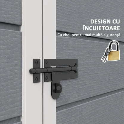 Casuta/magazie/sopron de gradina pentru depozitare unelte, aluminiu si PP, cu manusi, lacat si chei, gri, 183x134x210 cm