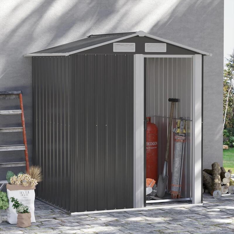 Casuta/magazie/sopron de gradina pentru depozitare unelte, cu structura baza inclusa, otel si PP, gri, 152x132x188 cm