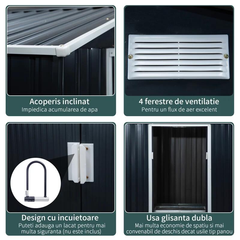 Casuta/magazie/sopron de gradina pentru depozitare unelte, cu structura baza inclusa, otel si PP, gri inchis, 213x130x185 cm