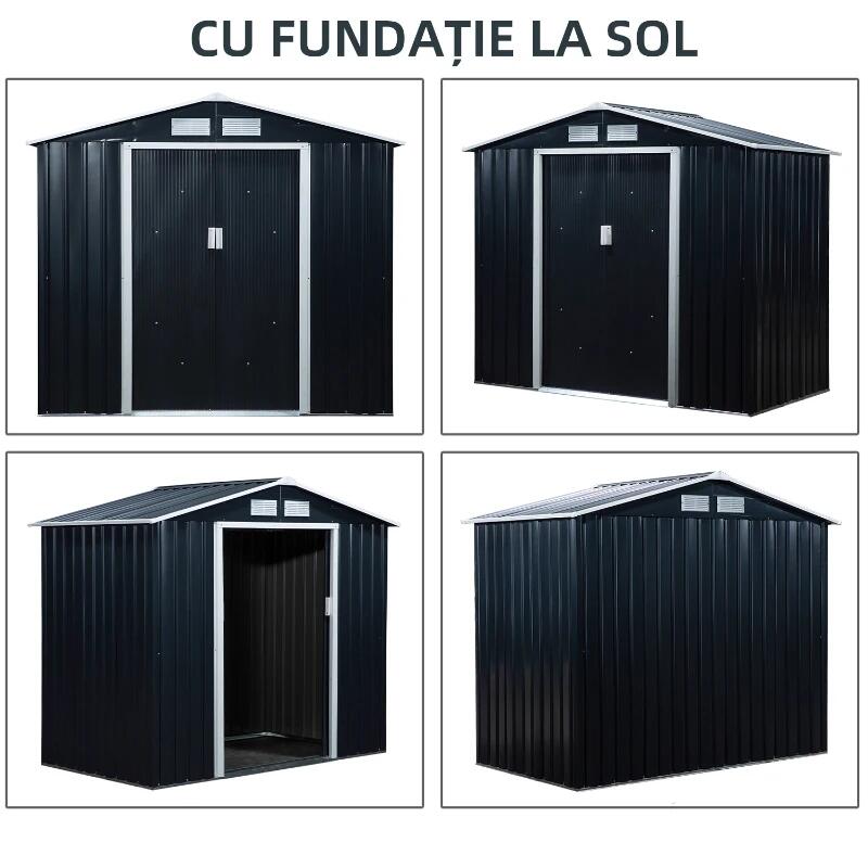Casuta/magazie/sopron de gradina pentru depozitare unelte, cu structura baza inclusa, otel si PP, gri inchis, 213x130x185 cm