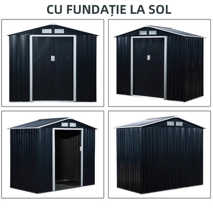 Casuta/magazie/sopron de gradina pentru depozitare unelte, cu structura baza inclusa, otel si PP, gri inchis, 213x130x185 cm