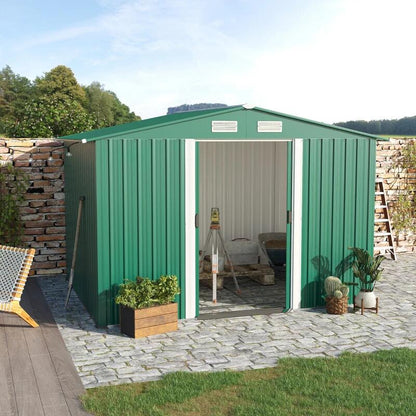 Casuta/magazie/sopron de gradina pentru depozitare unelte, cu structura baza inclusa, otel si PP, verde, 258x206x178 cm