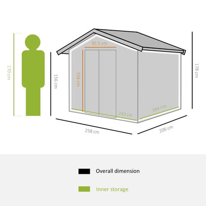 Casuta/magazie/sopron de gradina pentru depozitare unelte, cu structura baza inclusa, otel si PP, verde, 258x206x178 cm