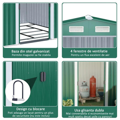 Casuta/magazie/sopron de gradina pentru depozitare unelte, cu structura baza inclusa, otel si PP, verde, 258x206x178 cm