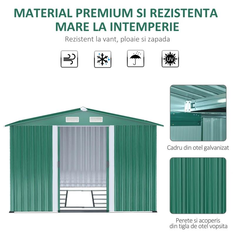 Casuta/magazie/sopron de gradina pentru depozitare unelte, cu structura baza inclusa, otel si PP, verde, 258x206x178 cm