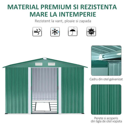 Casuta/magazie/sopron de gradina pentru depozitare unelte, cu structura baza inclusa, otel si PP, verde, 258x206x178 cm