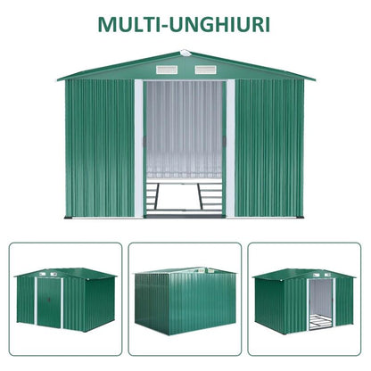 Casuta/magazie/sopron de gradina pentru depozitare unelte, cu structura baza inclusa, otel si PP, verde, 258x206x178 cm