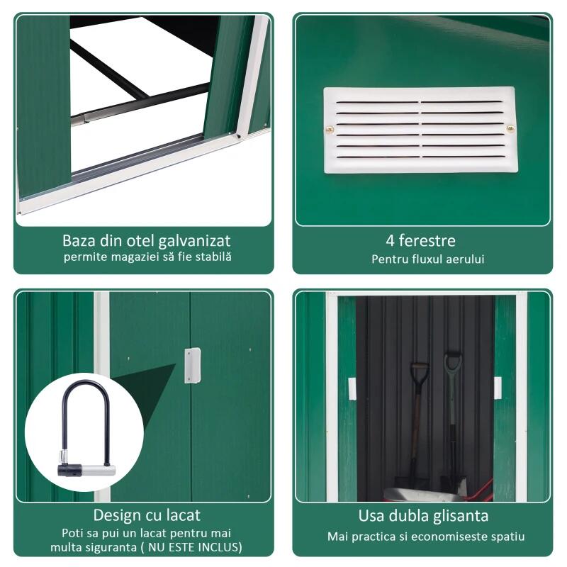 Casuta/magazie/sopron de gradina pentru depozitare unelte, cu structura baza inclusa, otel si PP, verde, 277x195x192 cm