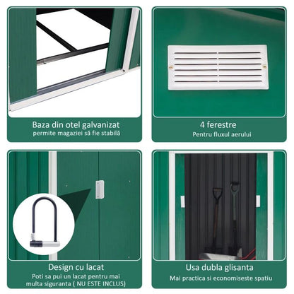 Casuta/magazie/sopron de gradina pentru depozitare unelte, cu structura baza inclusa, otel si PP, verde, 277x195x192 cm
