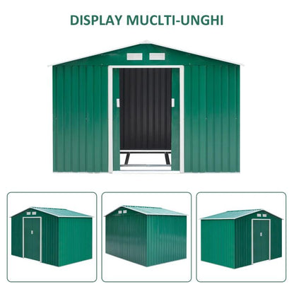 Casuta/magazie/sopron de gradina pentru depozitare unelte, cu structura baza inclusa, otel si PP, verde, 277x195x192 cm