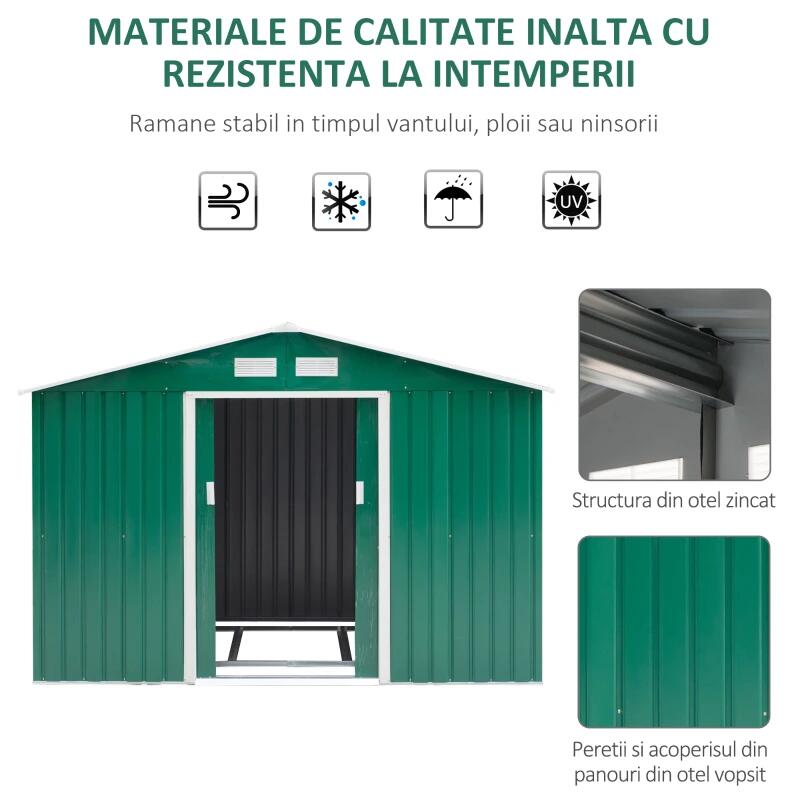 Casuta/magazie/sopron de gradina pentru depozitare unelte, cu structura baza inclusa, otel si PP, verde, 277x195x192 cm