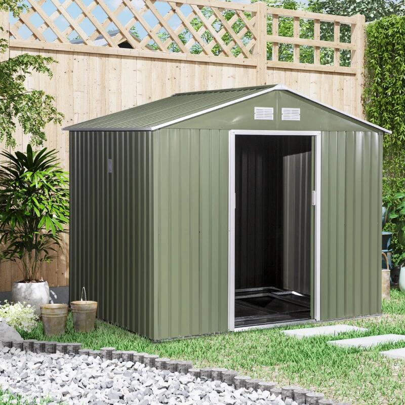 Casuta/magazie/sopron de gradina pentru depozitare unelte, cu structura baza inclusa, otel si PP, verde kaki, 277x195x192 cm