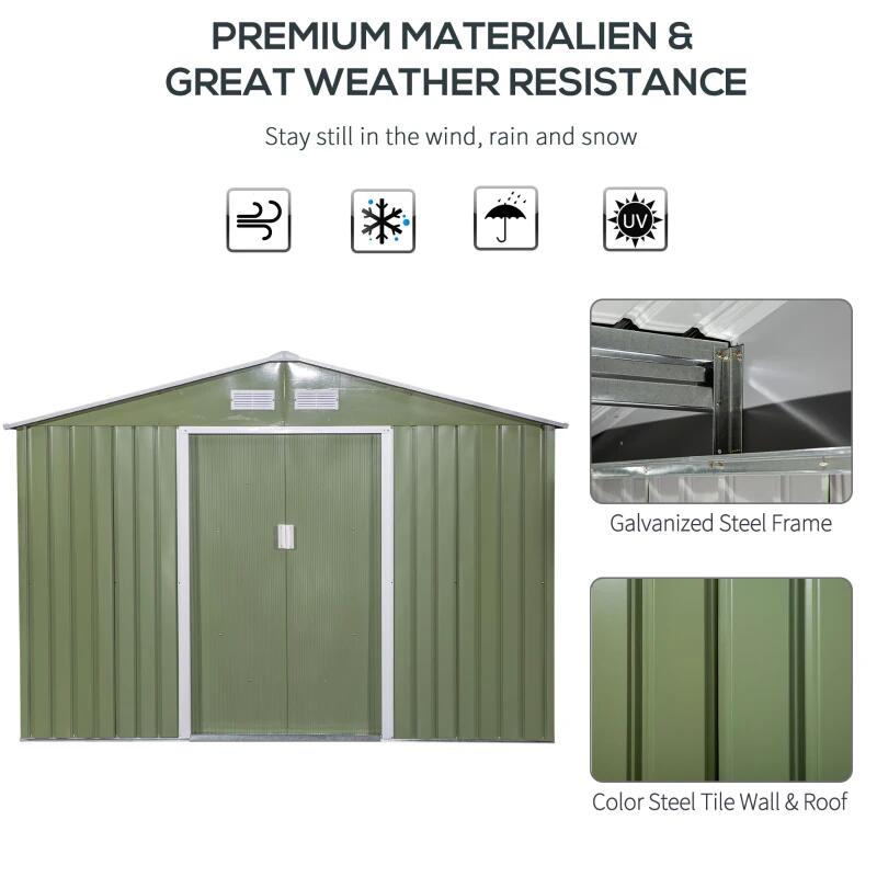 Casuta/magazie/sopron de gradina pentru depozitare unelte, cu structura baza inclusa, otel si PP, verde kaki, 277x195x192 cm
