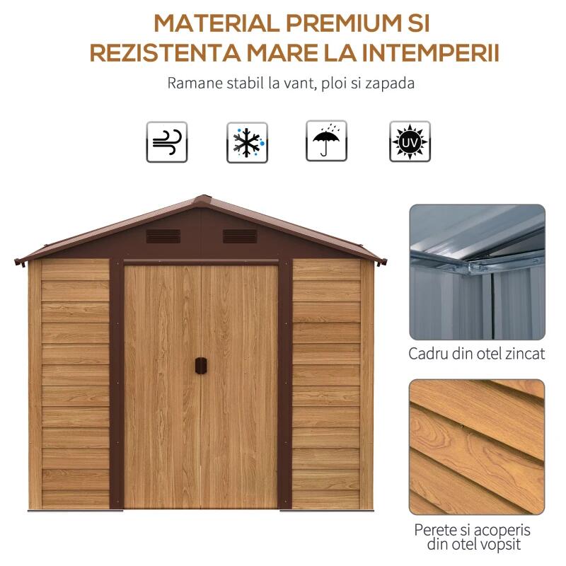 Casuta/magazie/sopron de gradina pentru depozitare unelte, otel si PP, efect lemn maro, 236x152x209 cm