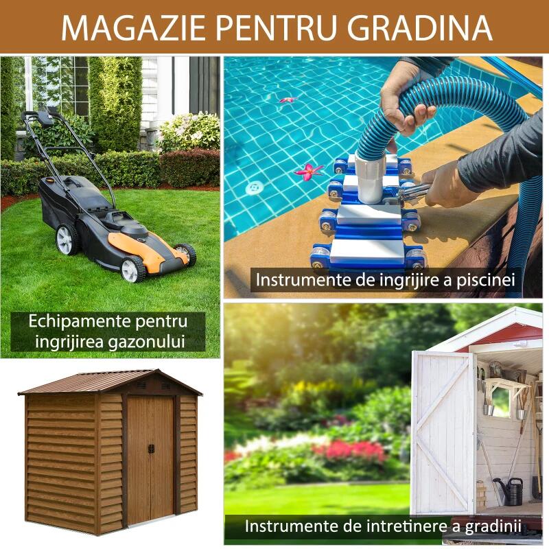 Casuta/magazie/sopron de gradina pentru depozitare unelte, otel si PP, efect lemn maro, 236x152x209 cm